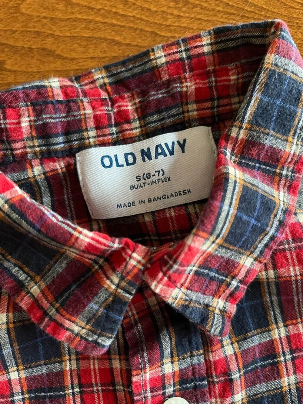 Old Navy red and navy blue plaid button-down shirt S 6-7